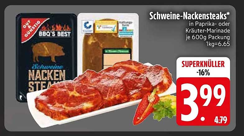 Schweine-Nackensteaks* in Paprika- oder Kräuter-Marinade je 600g Packung