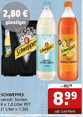 SCHWEPPES versch. Sorten 6 x 1,0 Liter PET (1 Liter = 1,50)