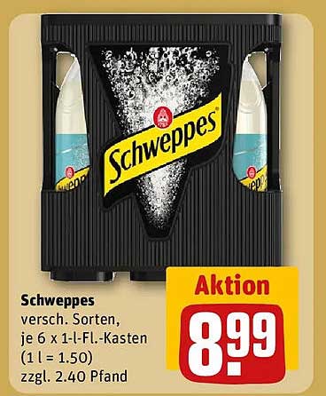 Schweppes versch. Sorten, je 6 x 1-l-Fl.-Kasten (1 l = 1.50) zzgl. 2.40 Pfand
