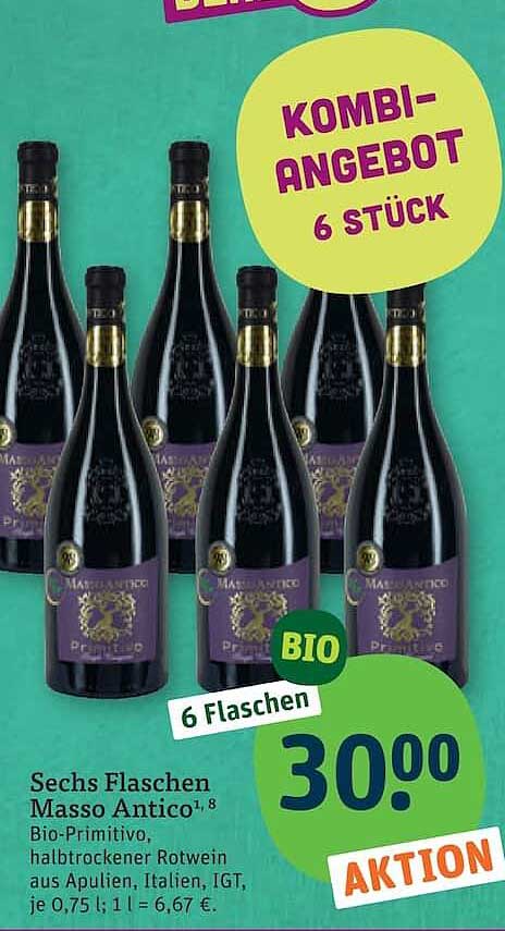 Sechs Flaschen Masso Antico Bio-Primitivo, halbtrockener Rotwein aus Apulien, Italien, IGT, je 0,75 l