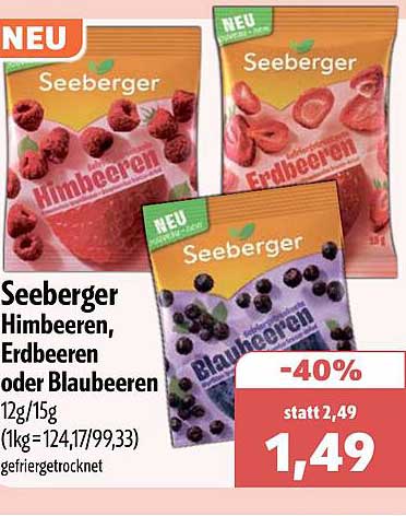 Seeberger Himbeeren, Erdbeeren oder Blaubeeren 12g/15g (1kg:124,17/99,33) gefriergetrocknet