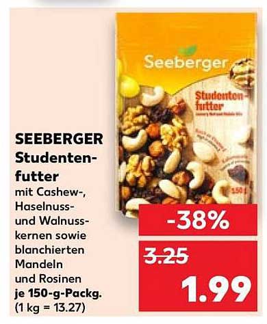 SEEBERGER Studentenfutter mit Cashew-, Haselnuss- und Walnusskernen sowie blanchierten Mandeln und Rosinen je 150-g-Packg. (1 kg = 13.27)