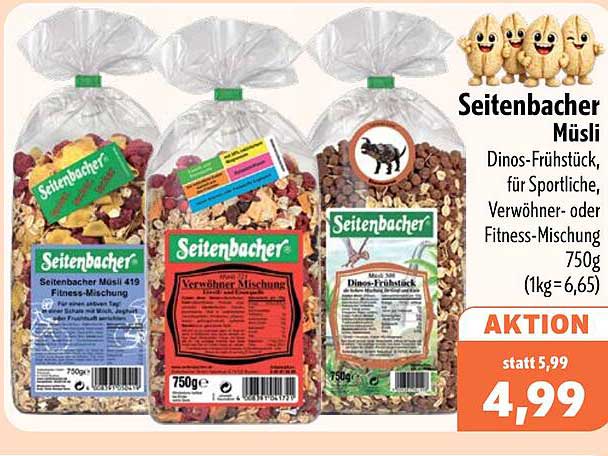 Seitenbacher Müsli Dinos-Frühstück, für Sportliche, Verwöhner- oder Fitness-Mischung 750g (1kg = 6,65)