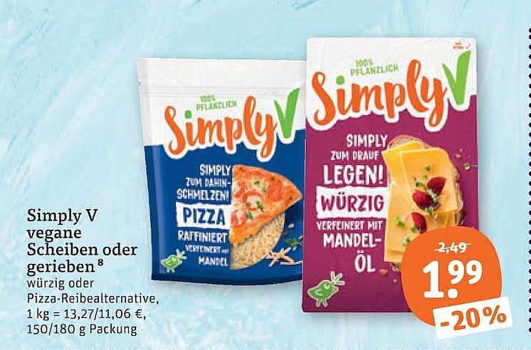 Simply V vegane Scheiben oder gerieben 8 würzig oder Pizza-Reibealternative, 1 kg = 13,27/11,06 €, 150/180 g Packung