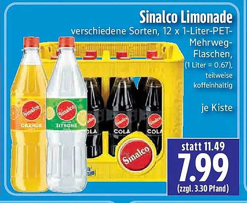 Sinalco Limonade verschiedene Sorten, 12 x 1-Liter-PET-Mehrweg-Flaschen, (1 Liter = 0.67), teilweise koffeinhaltig, je Kiste