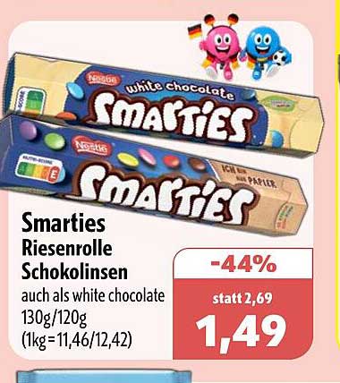 Smarties Riesenrolle Schokolinsen auch als white chocolate 130g/120g (1kg = 11,46/12,42)