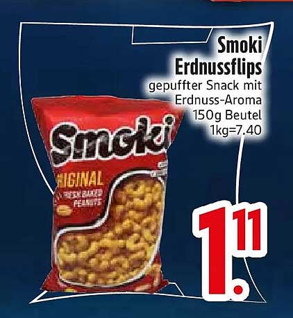 Smoki Erdnussflips gepuffter Snack mit Erdnuss-Aroma 150g Beutel 1kg=7,40