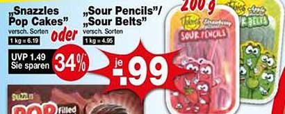 „Snazzles“ Pop Cakes versch. Sorten oder „Sour Pencils“/„Sour Belts“ versch. Sorten