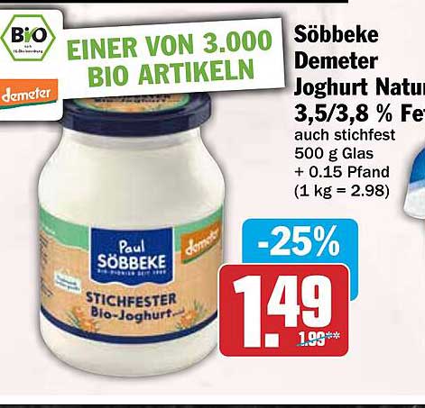 Söbbeke Demeter Joghurt Natur 3,5/3,8 % Fett auch stichfest 500 g Glas + 0.15 Pfand (1 kg = 2.98)