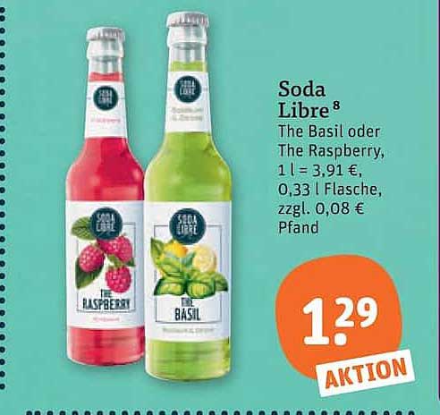 Soda Libre® The Basil oder The Raspberry, 1 l = 3,91 €, 0,33 l Flasche, zzgl. 0,08 € Pfand
