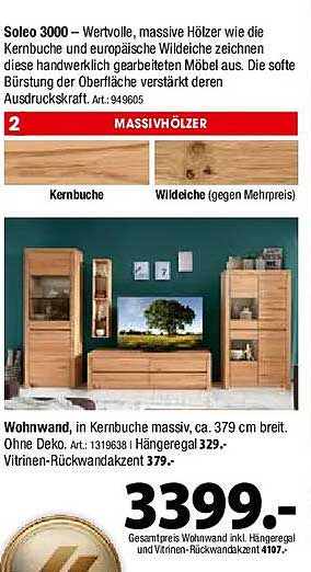 Soleo 3000 – Wertvolle, massive Hölzer wie die Kernbuche und europäische Wildeiche zeichnen diese handwerklich gearbeiteten Möbel aus. Die softe Bürstung der Oberfläche verstärkt deren Ausdruckskraft. Art. 949605