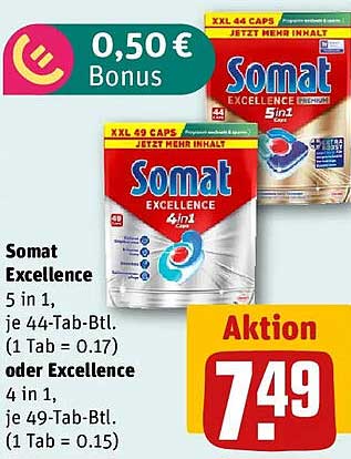Somat Excellence 5 in 1, je 44-Tab-Btl. (1 Tab = 0.17) oder Excellence 4 in 1, je 49-Tab-Btl. (1 Tab = 0.15)
