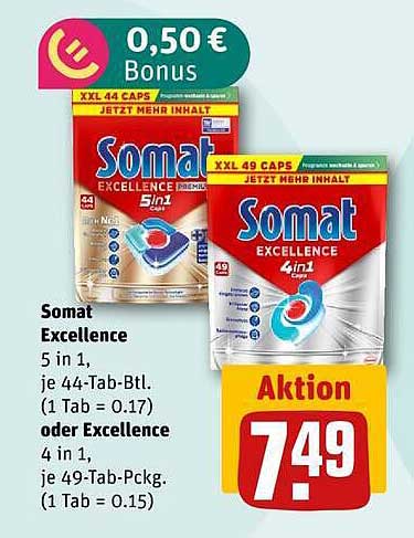 Somat Excellence 5 in 1, je 44-Tab-Btl. (1 Tab = 0.17) oder Excellence 4 in 1, je 49-Tab-Pckg. (1 Tab = 0.15)