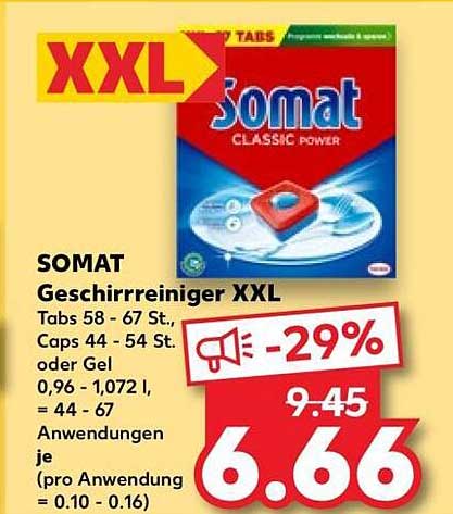 SOMAT Geschirrreiniger XXL Tabs 58 - 67 St., Caps 44 - 54 St. oder Gel 0,96 - 1,072 l, = 44 - 67 Anwendungen je (pro Anwendung = 0.10 - 0.16)