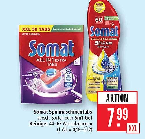 Somat Spülmaschinentabs versch. Sorten oder 5in1 Gel Reiniger 44–67 Waschladungen (1 WL = 0,18–0,12)