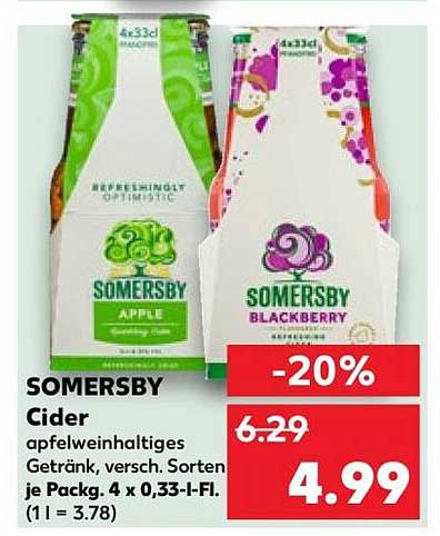 SOMERSBY Cider apfelweinhaltiges Getränk, versch. Sorten je Packg. 4 x 0,33-l-Fl. (1 l = 3.78)