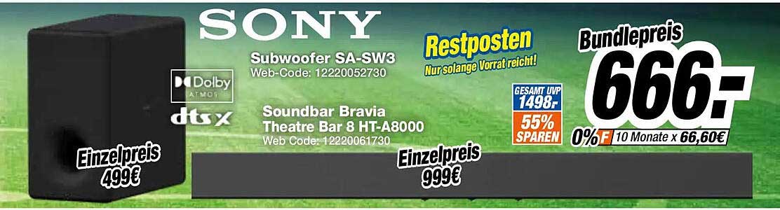 SONY Subwoofer SA-SW3 und Soundbar Bravia Theatre Bar 8 HT-A8000