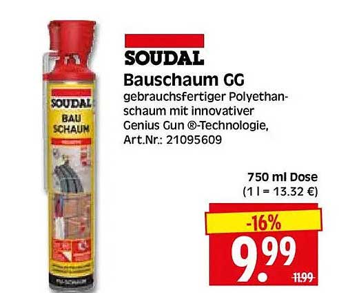 SOUDAL Bauschaum GG gebrauchsfertiger Polyethan-schaum mit innovativer Genius Gun®-Technologie, Art.Nr.: 21095609
