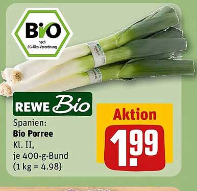 Spanien: Bio Porree Kl. II. je 400-g-Bund (1 kg = 4.98)