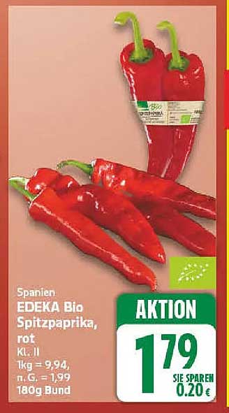 Spanien EDEKA Bio Spitzpaprika, rot Kl. II 1kg = 9,94, p.G. = 1,99 180g Bund