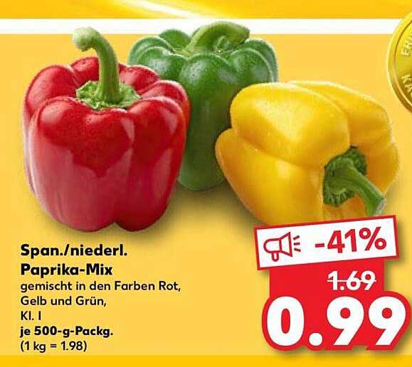 Span./niederl. Paprika-Mix gemischt in den Farben Rot, Gelb und Grün, Kl. I je 500-g-Pack. (1 kg = 1.98)