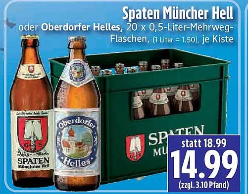 Spaten Müncher Hell oder Oberdorfer Helles, 20 x 0,5-Liter-Mehrweg-Flaschen, (1 Liter = 1.50), je Kiste
