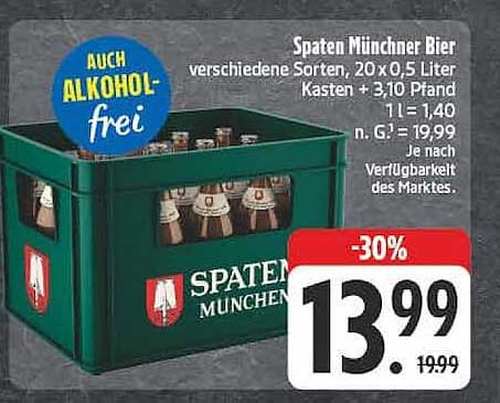 Spaten Münchner Bier verschiedene Sorten, 20 x 0,5 Liter Kasten + 3,10 Pfand