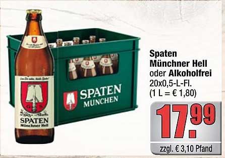 Spaten Münchner Hell oder Alkoholfrei 20x0,5-L-Fl. (1 L = € 1,80)