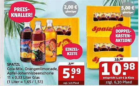 SPATZ Cola-Mix, Orangenlimonade, Apfel-Johannisbeerschorle 11 x 0,33 Liter Glas (1 Liter = 1,65 / 1,51)