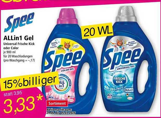 Spee Allin1 Gel Universal Frische Kick oder Color je 900 ml für 20 Waschladungen