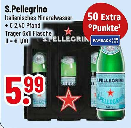 S.Pellegrino Italienisches Mineralwasser + 2,40 Pfand Träger 6x1 Flasche 1l = € 1,00