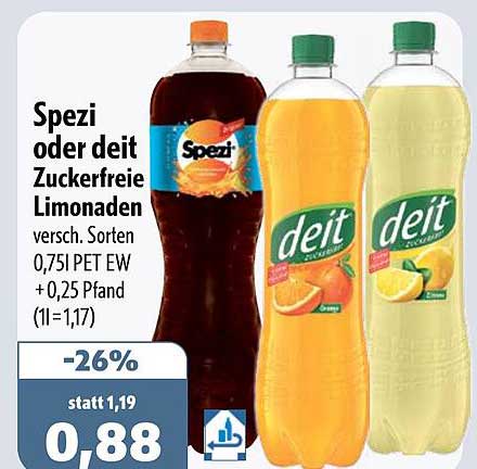 Spezi oder deit Zuckerfreie Limonaden, versch. Sorten, 0,75l PET EW + 0,25 Pfand (1l=1,17)