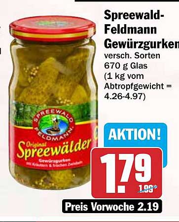 Spreewald-Feldmann Gewürzgurken versch. Sorten 670 g Glas (1 kg vom Abtropfgewicht = 4.26-4.97)