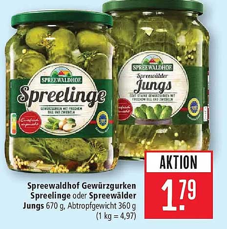 Spreewaldhof Gewürzgurken Spreelinge oder Spreewälder Jungs 670 g, Abtropfgewicht 360 g (1 kg = 4,97)