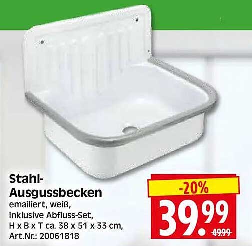 Stahl-Ausgussbecken emailliert, weiß, inklusive Abfluss-Set