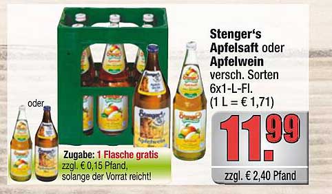 Stenger's Apfelsaft oder Apfelwein versch. Sorten 6x1-L-Fl. (1 L = € 1,71)