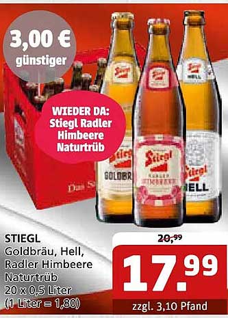 STIEGL Goldbräu, Hell, Radler Himbeere Naturtrüb 20 x 0,5 Liter (1 Liter = 1,80)