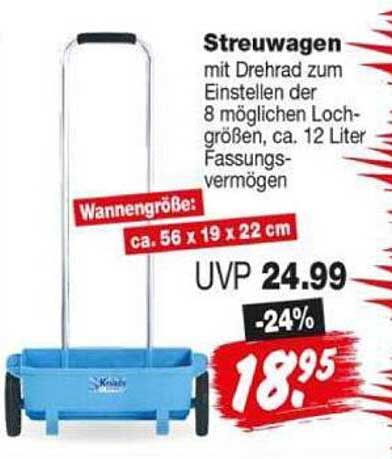 Streuwagen mit Drehrad zum Einstellen der 8 möglichen Lochgrößen, ca. 12 Liter Fassungsvermögen