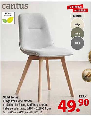 Stuhl Jonas Fußgestell Eiche massiv, erhältlich im Bezug Stoff beige, grün, hellgrau oder grau, B/H/T 45x88x54 cm