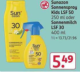 Sunozon Sonnenspray Kids LSF 50 250 ml oder Sonnenmilch LSF 30 400 ml 1 l = 13.73/21.96