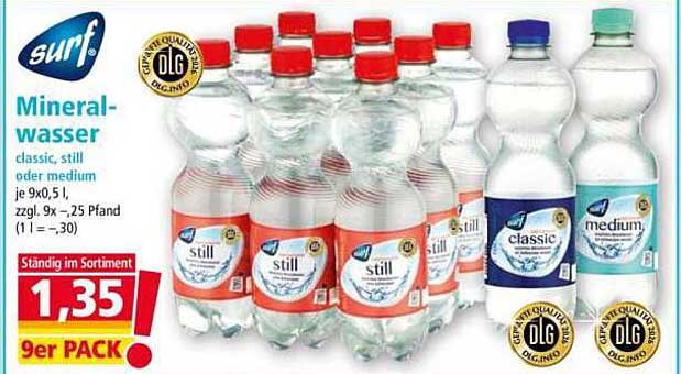 surf Mineralwasser classic, still oder medium je 9x0,5 l, zzgl. 9x ~,25 Pfand (1 l = ~,30) 9er PACK