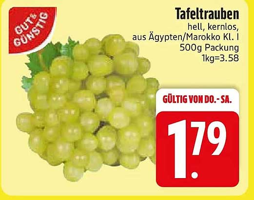 Tafeltrauben hell, kernlos, aus Ägypten/Marokko Kl. I 500g Packung 1kg=3.58