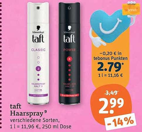 taft Haarspray⁹ verschiedene Sorten, 1 l = 11,96 €, 250 ml Dose