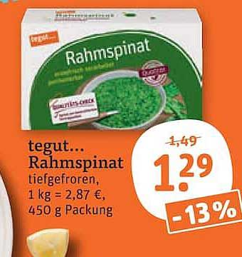 tegut... Rahmspinat tiefgefroren, 450 g Packung