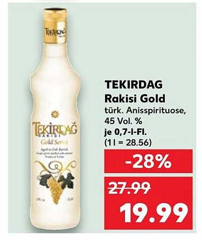 TEKIRDAG Rakisi Gold türk. Anisspirituose, 45 Vol. % je 0,7-l-Fl. (1 l = 28.56)