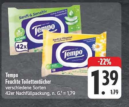 Tempo Feuchte Toilettentücher verschiedene Sorten 42er Nachfüllpackung, n. G. = 1,79