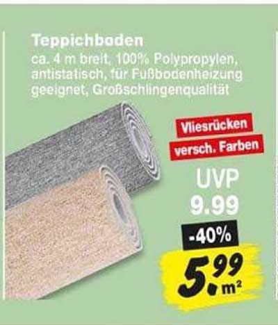 Teppichboden ca. 4 m breit, 100% Polypropylen, antistatisch, für Fußbodenheizung geeignet, Großschlingenqualität