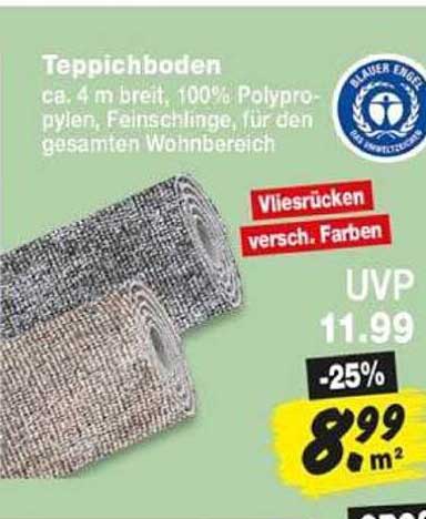 Teppichboden ca. 4 m breit, 100% Polypropylen, Feinschlinge, für den gesamten Wohnbereich