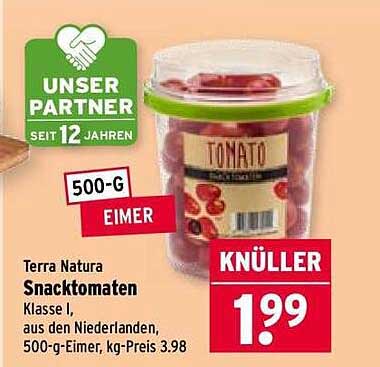 Terra Natura Snacktomaten Klasse I, aus den Niederlanden, 500-g-Eimer, kg-Preis 3,98