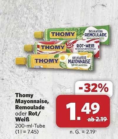 Thomy Mayonnaise, Remoulade oder Rot/Weiß 200-ml-Tube (1 l = 7.45)